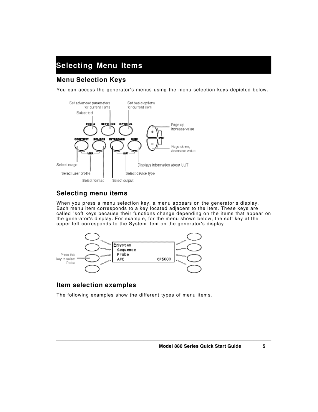 Quantum Data 880 quick start Selecting Menu Items, Menu Selection Keys, Selecting menu items, Item selection examples 