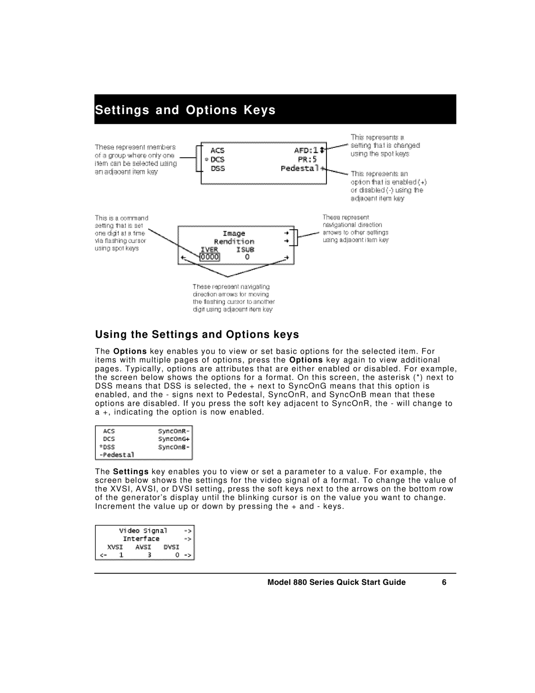 Quantum Data 880 quick start Settings and Options Keys, Using the Settings and Options keys 