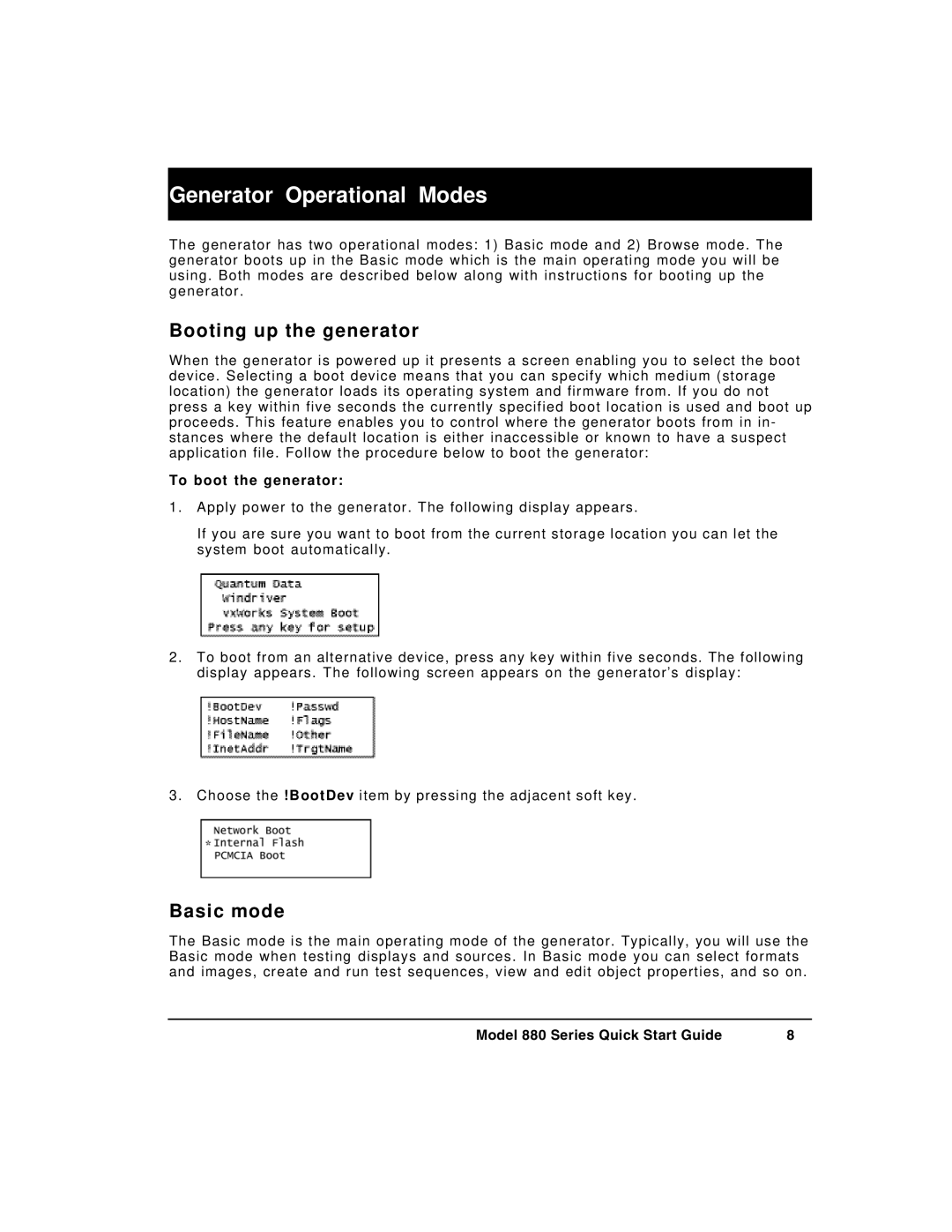 Quantum Data 880 quick start Generator Operational Modes, Booting up the generator, Basic mode, To boot the generator 