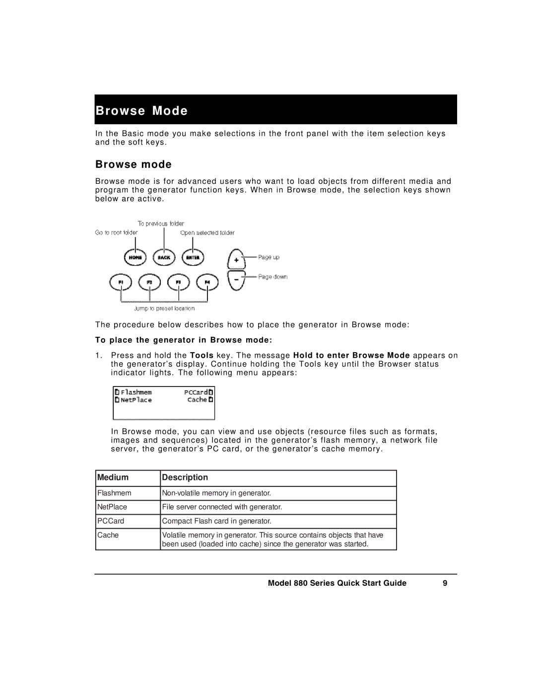 Quantum Data 880 quick start Browse Mode, To place the generator in Browse mode 