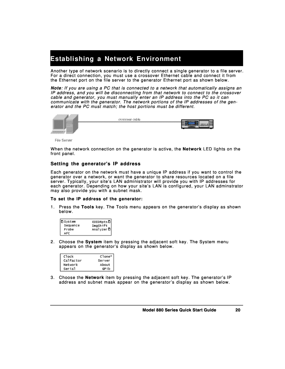 Quantum Data Establishing a Network Environment, Setting the generators IP address, Model 880 Series Quick Start Guide 