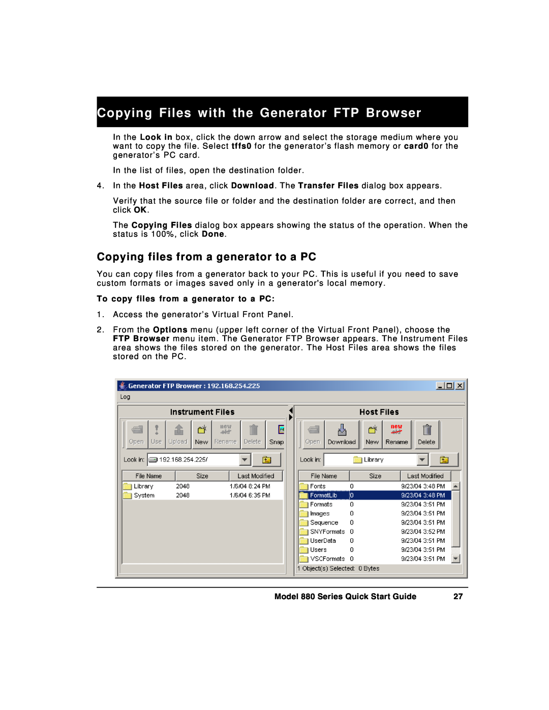 Quantum Data 880 quick start Copying Files with the Generator FTP Browser, Copying files from a generator to a PC 
