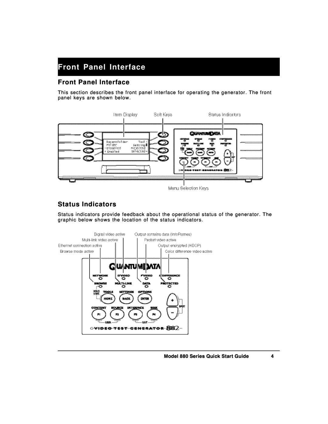 Quantum Data quick start Front Panel Interface, Status Indicators, Model 880 Series Quick Start Guide 