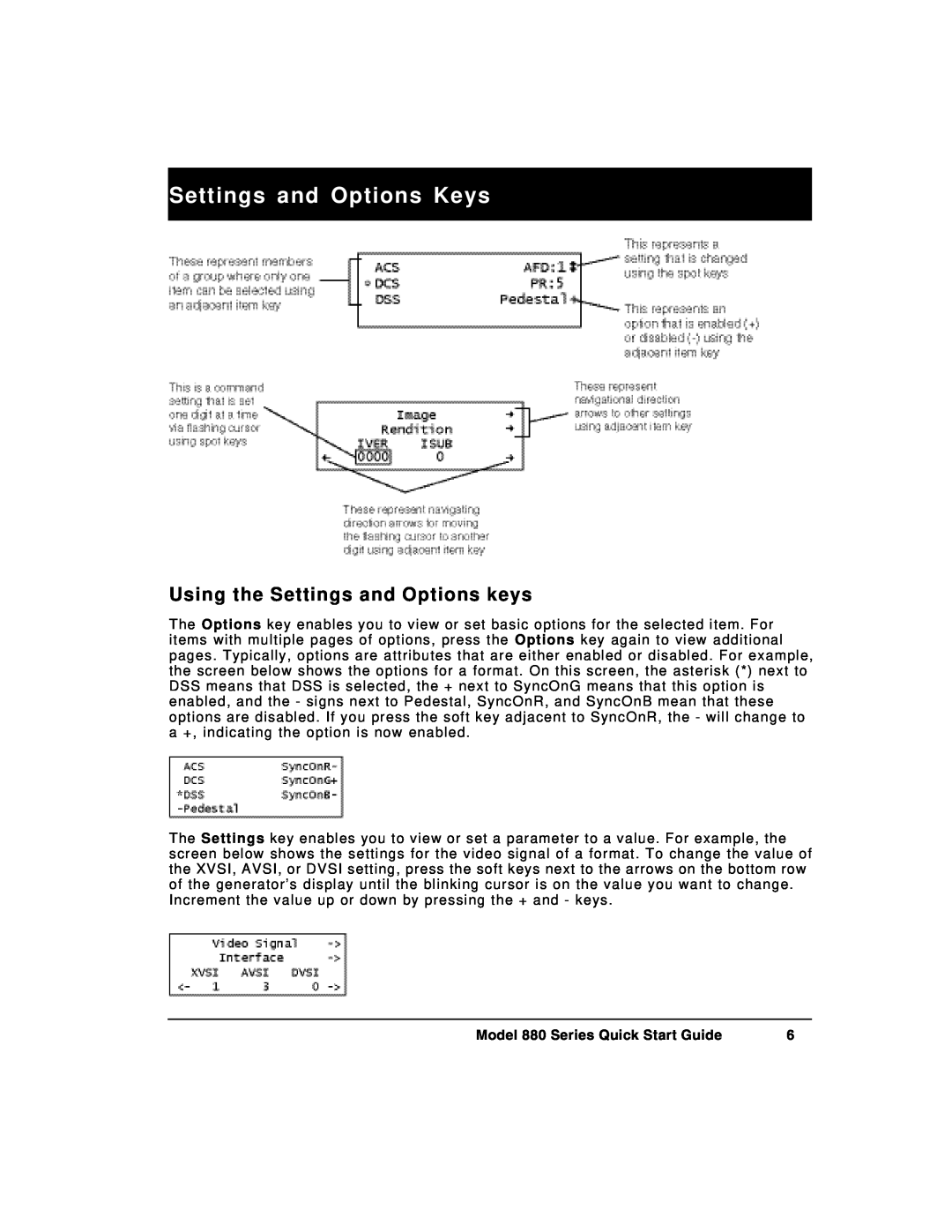 Quantum Data Settings and Options Keys, Using the Settings and Options keys, Model 880 Series Quick Start Guide 