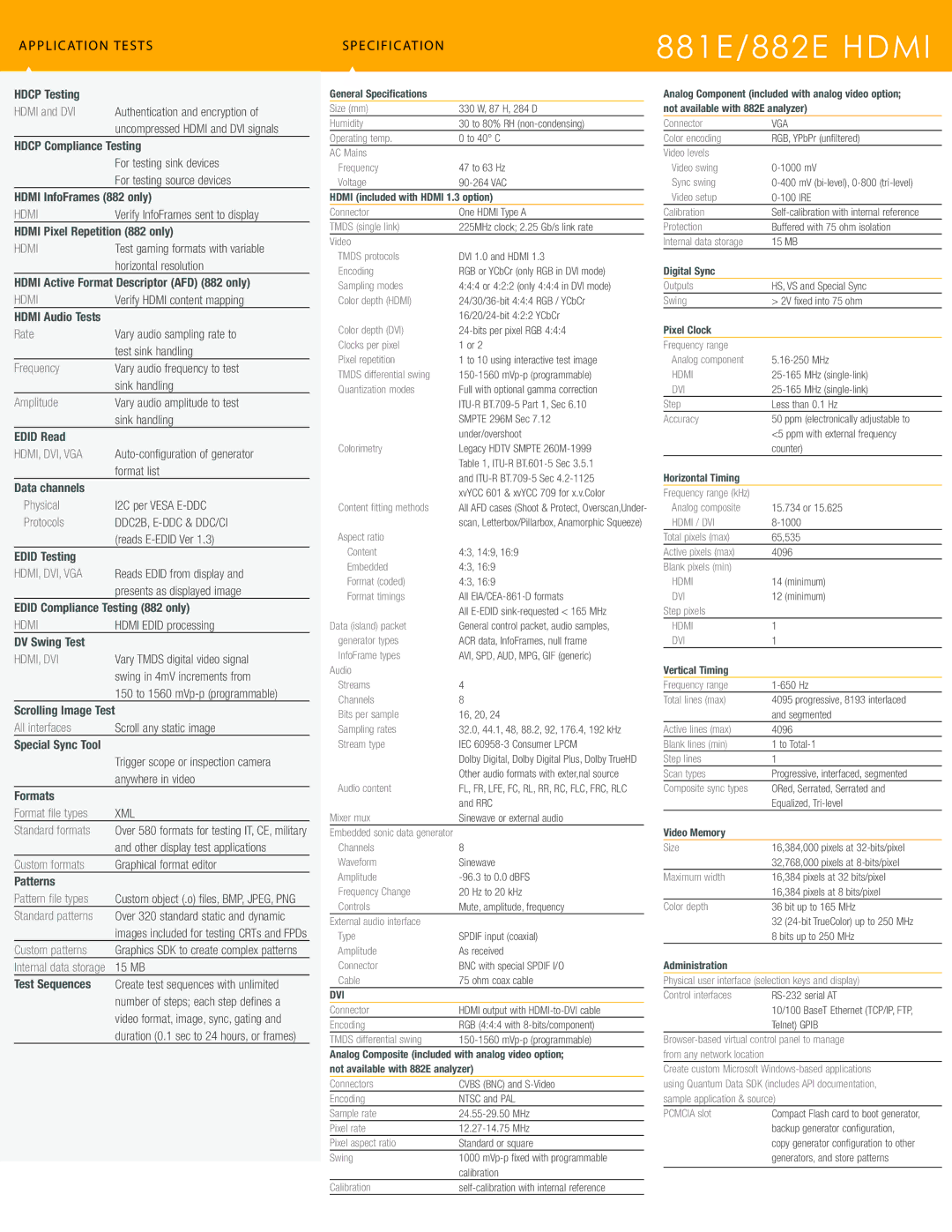 Quantum Data 882E Hdcp Testing, Hdcp Compliance Testing, Hdmi InfoFrames 882 only, Hdmi Pixel Repetition 882 only, Formats 