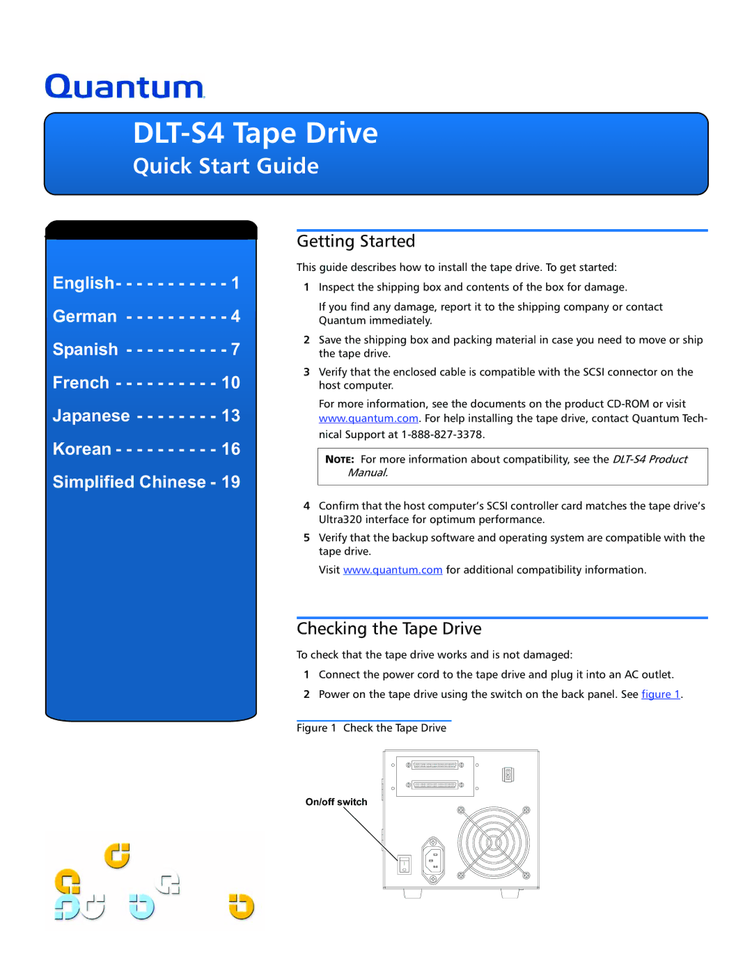 Quantum quick start DLT-S4 Tape Drive, Quick Start Guide, Getting Started, Checking the Tape Drive 