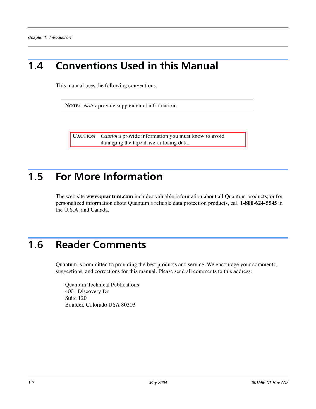 Quantum DLT VS80 manual Conventions Used in this Manual, For More Information Reader Comments 