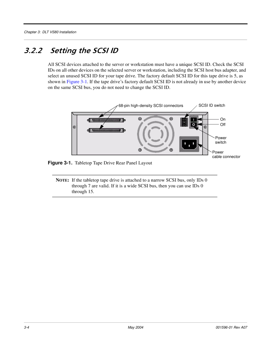 Quantum DLT VS80 manual Setting the Scsi ID, Tabletop Tape Drive Rear Panel Layout 