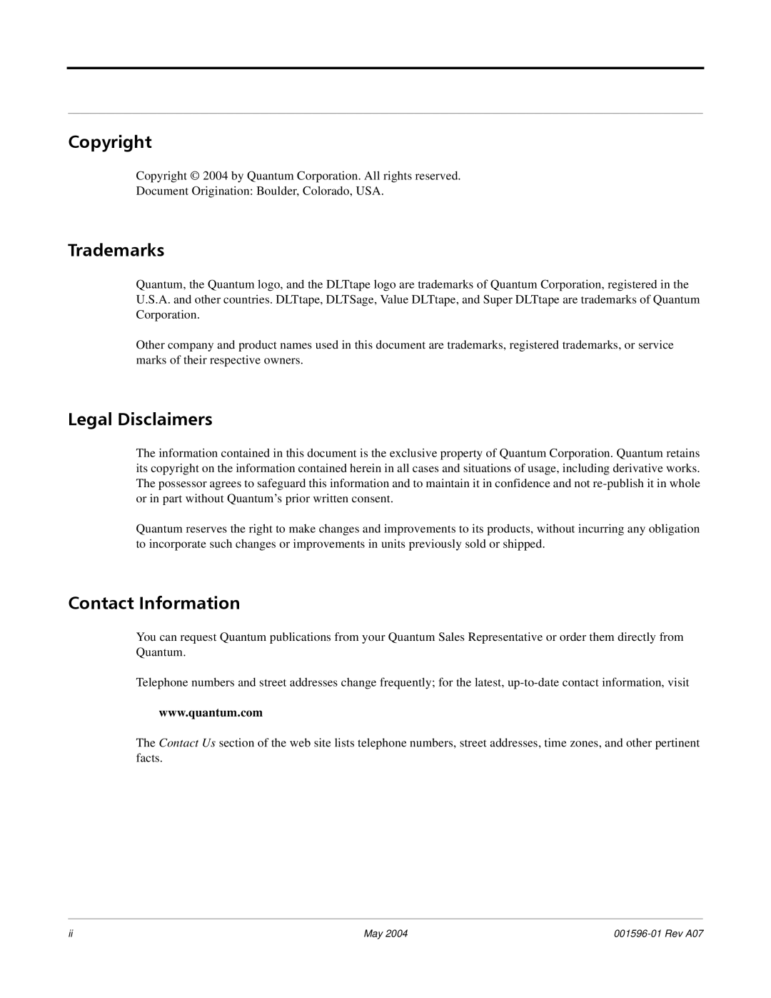 Quantum DLT VS80 manual Copyright, Trademarks, Legal Disclaimers, Contact Information 