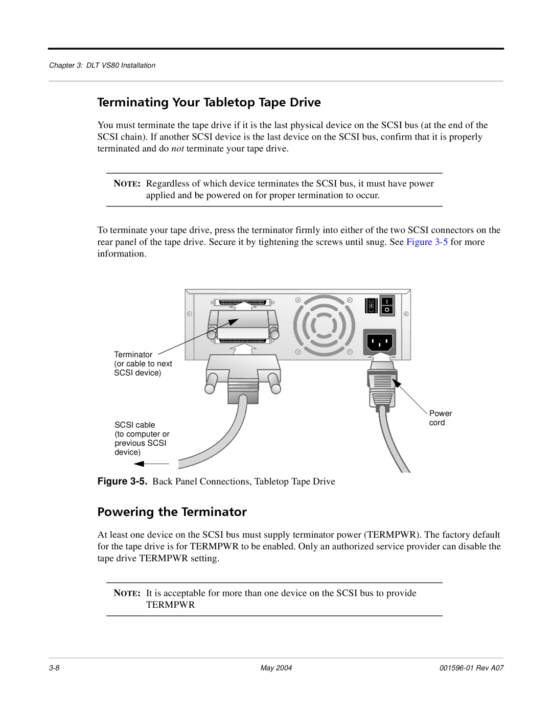 Quantum DLT VS80 manual Terminating Your Tabletop Tape Drive, Powering the Terminator 