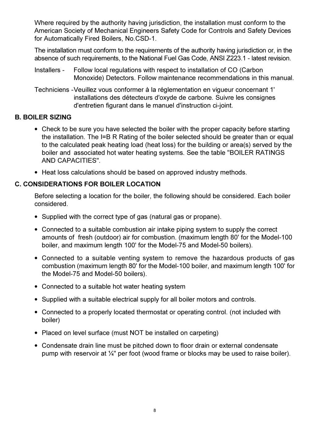 Quantum GAS-FIRED BOILERS installation instructions Boiler Sizing, Considerations for Boiler Location 