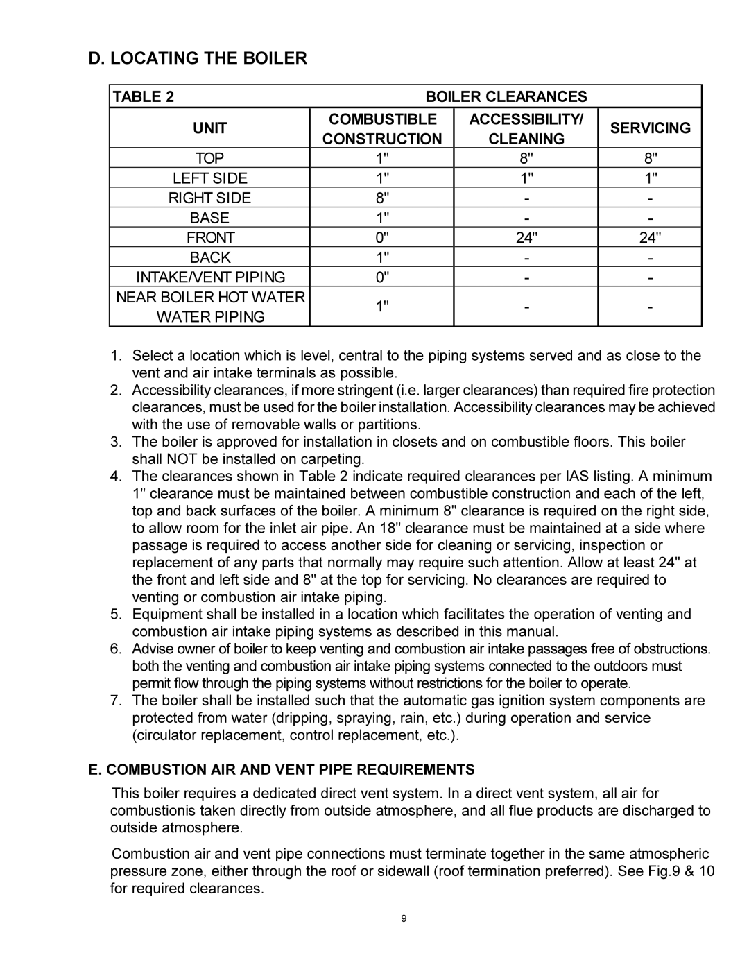 Quantum GAS-FIRED BOILERS installation instructions Locating the Boiler, Combustion AIR and Vent Pipe Requirements 