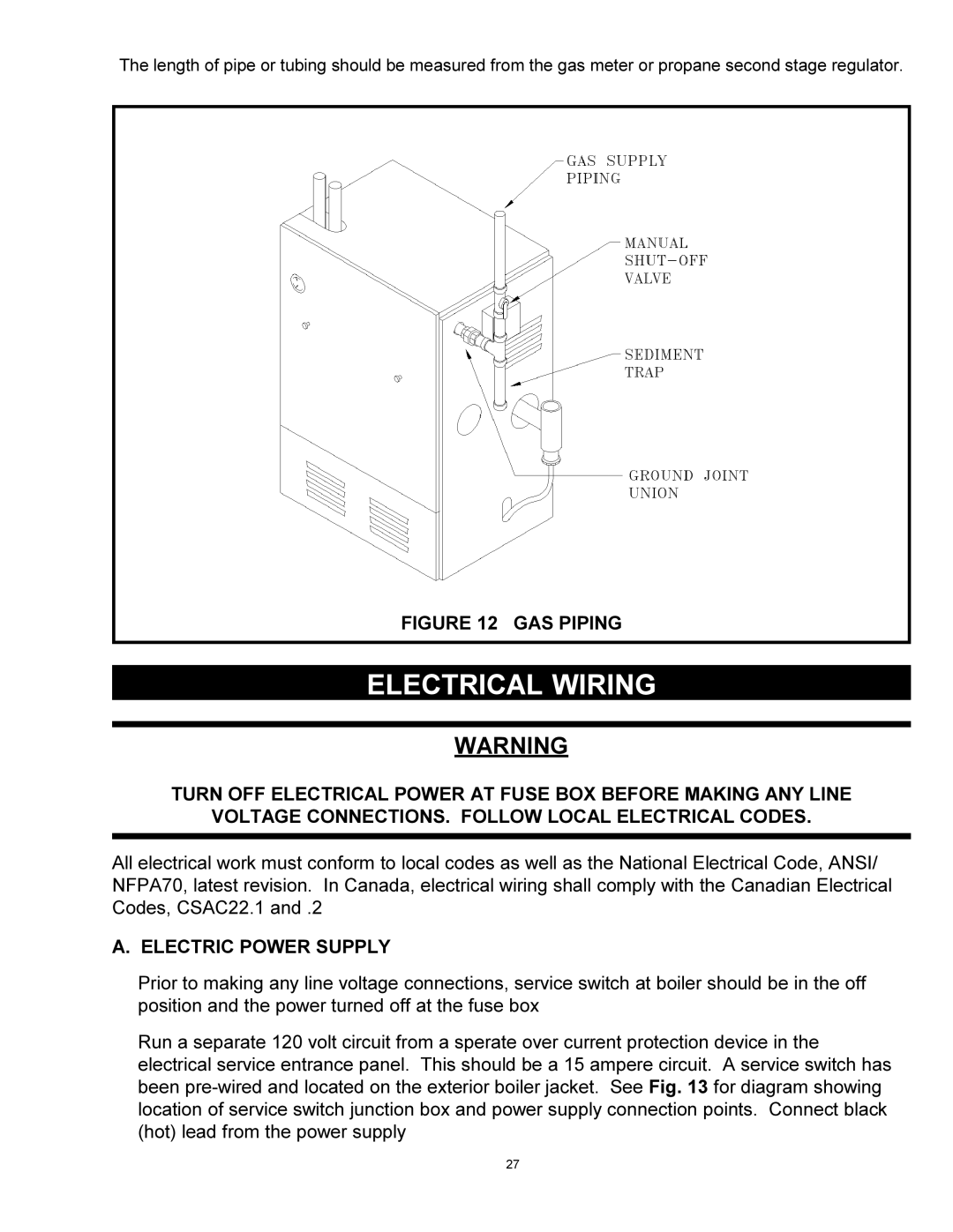 Quantum GAS-FIRED BOILERS installation instructions Electrical Wiring, Electric Power Supply 