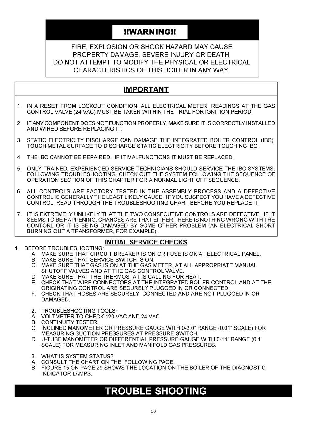 Quantum GAS-FIRED BOILERS installation instructions Trouble Shooting, Initial Service Checks 