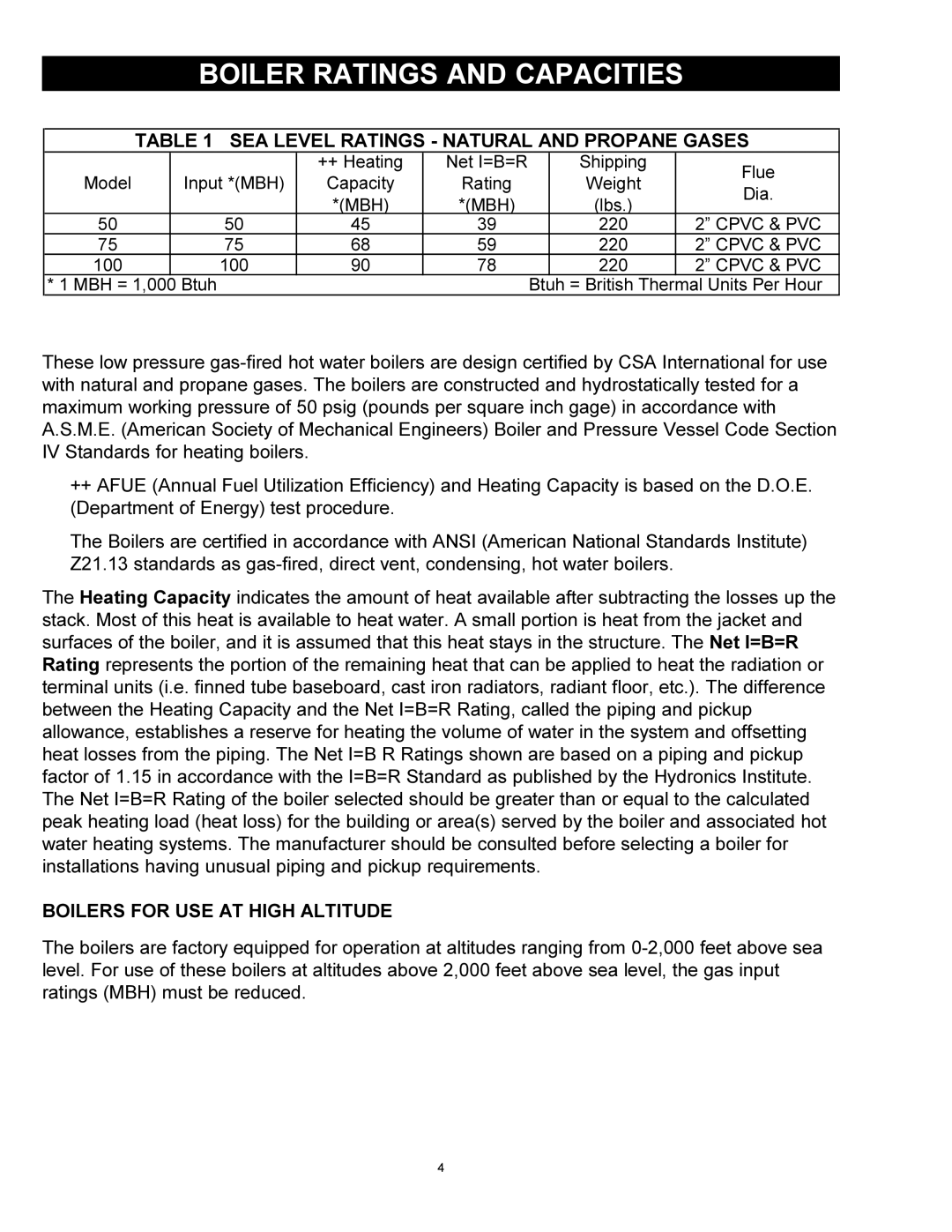 Quantum GAS-FIRED BOILERS installation instructions Boiler Ratings and Capacities, Boilers for USE AT High Altitude 