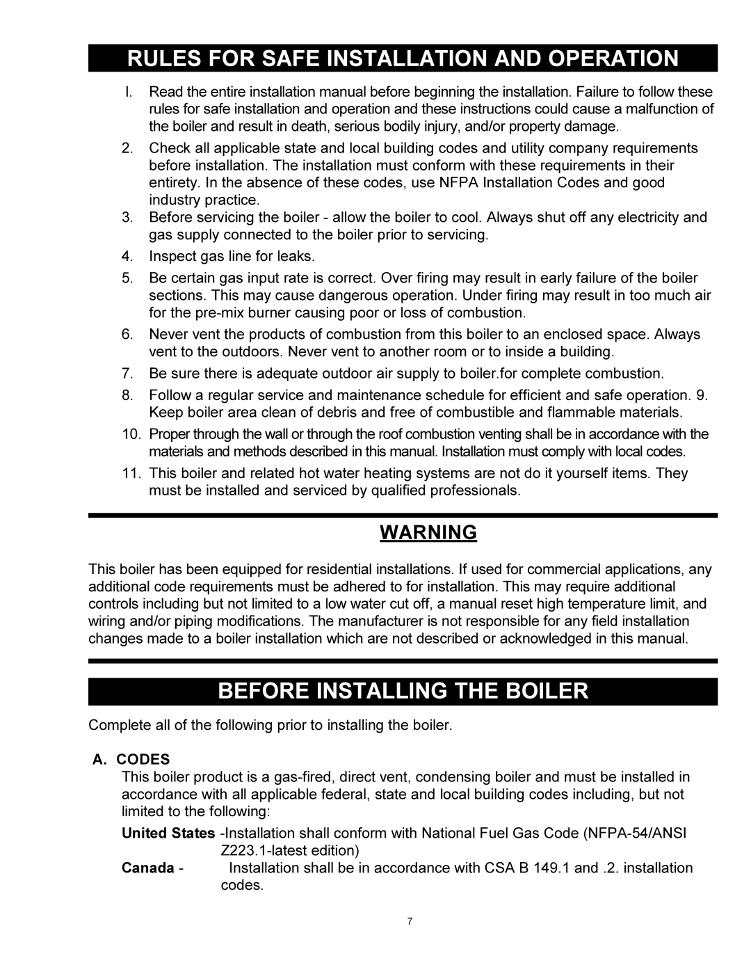 Quantum GAS-FIRED BOILERS Rules for Safe Installation and Operation, Before Installing the Boiler, Codes 