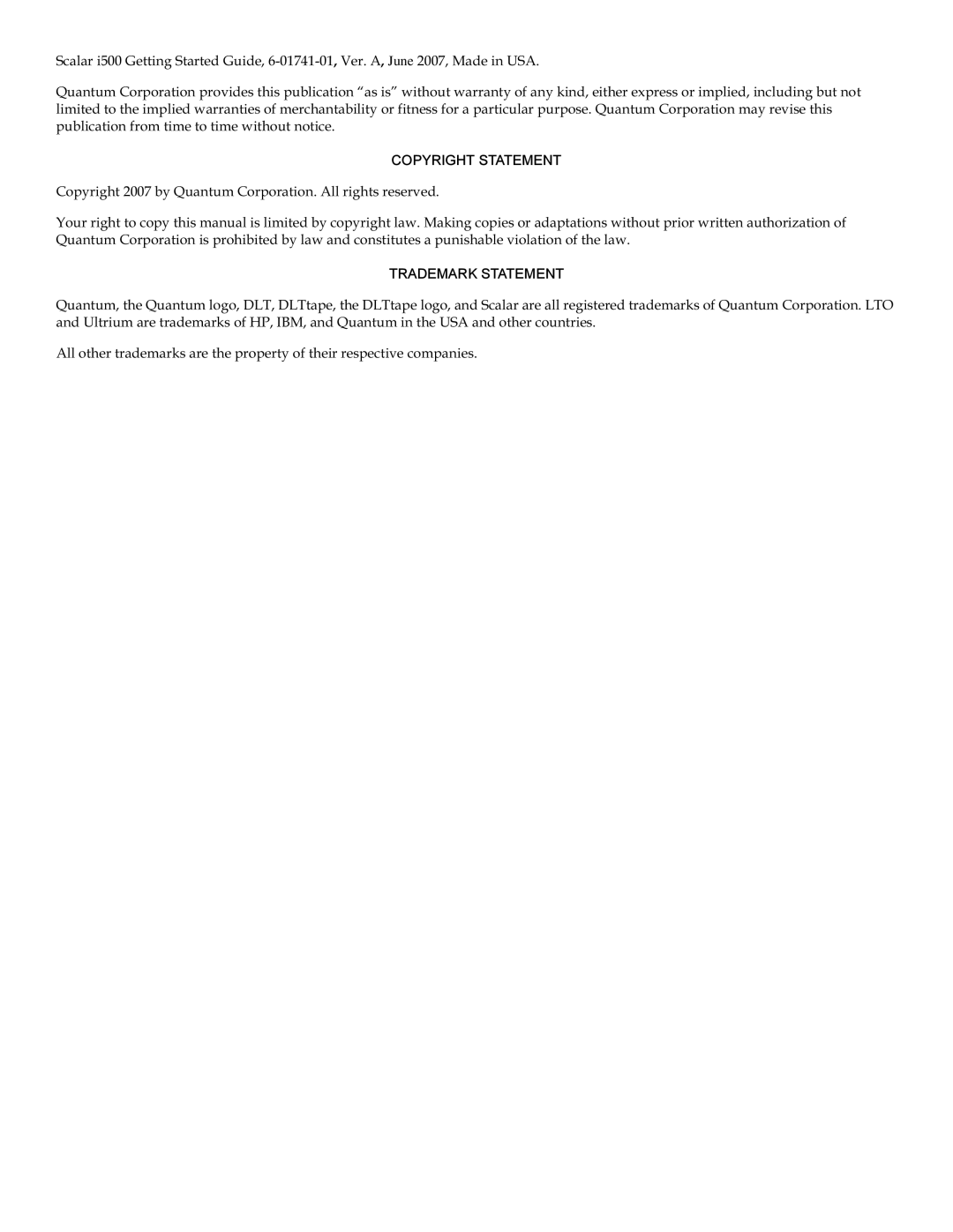 Quantum i500 manual Copyright Statement 