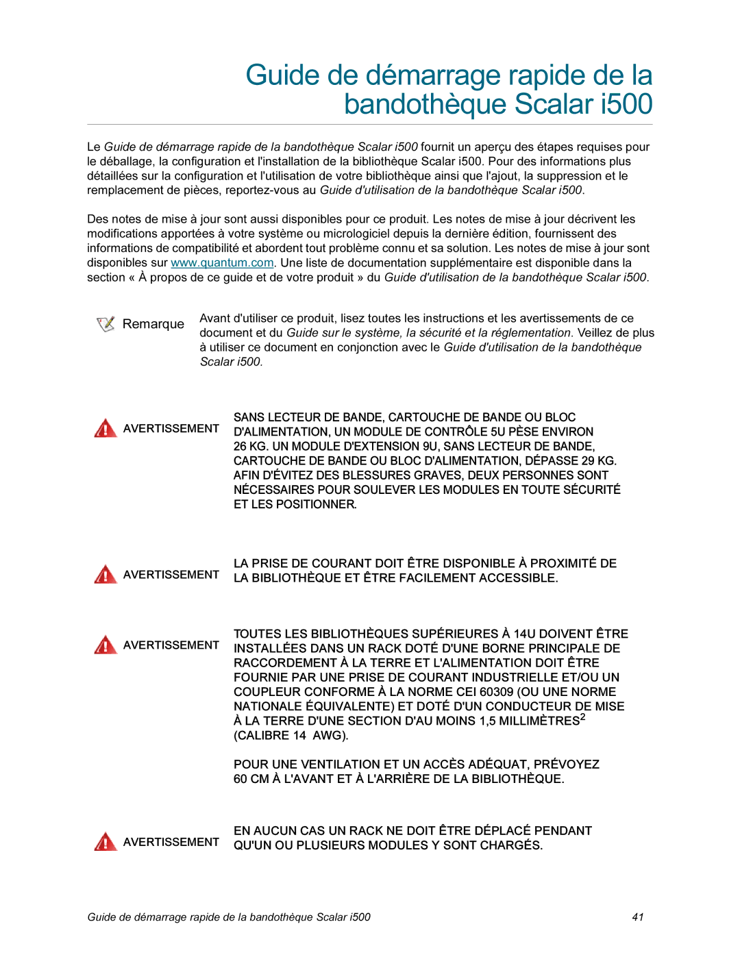 Quantum i500 manual Guide de démarrage rapide de la bandothèque Scalar 