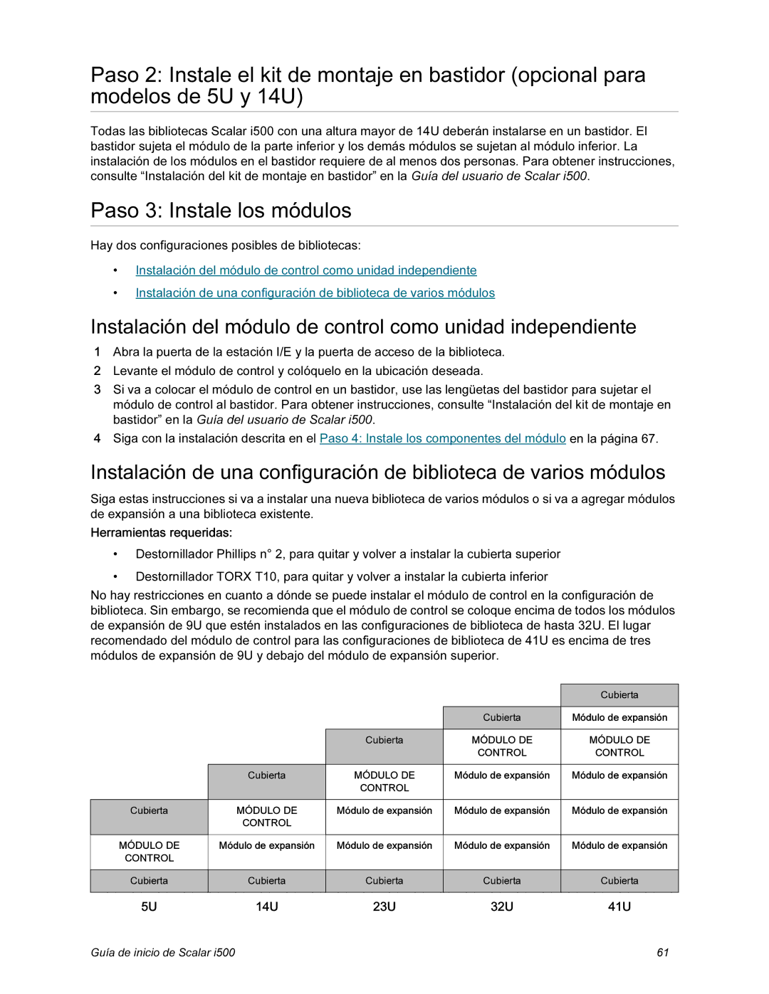 Quantum i500 manual Paso 3 Instale los módulos, Instalación del módulo de control como unidad independiente 