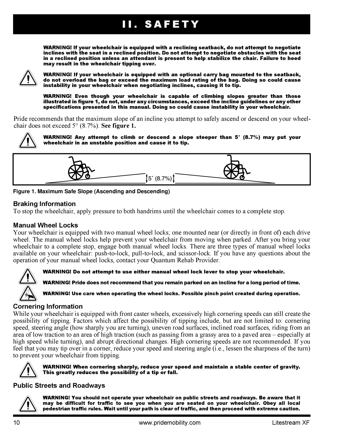 Quantum INFMANU2788 manual Braking Information, Manual Wheel Locks, Cornering Information, Public Streets and Roadways 