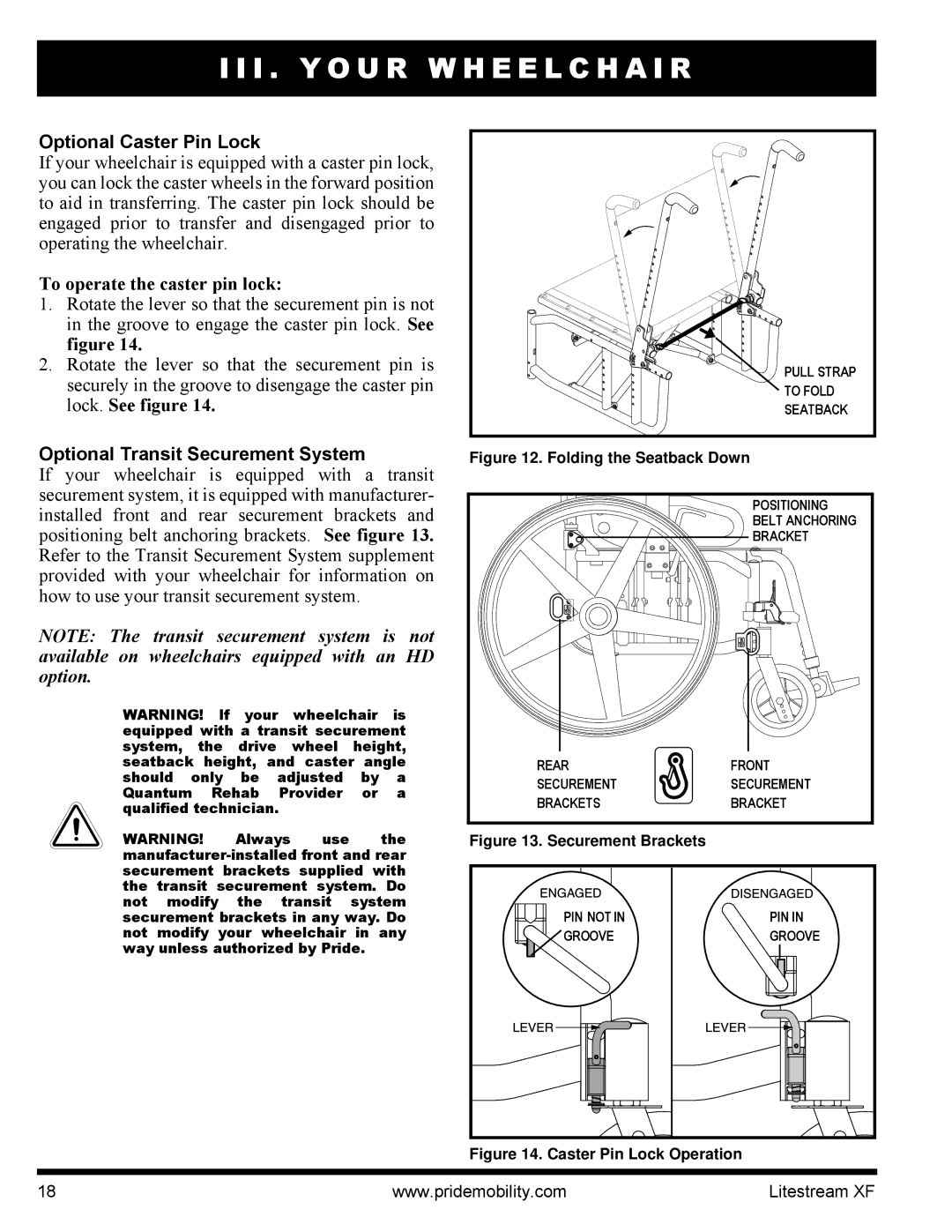 Quantum INFMANU2788 manual Optional Caster Pin Lock, To operate the caster pin lock, Optional Transit Securement System 