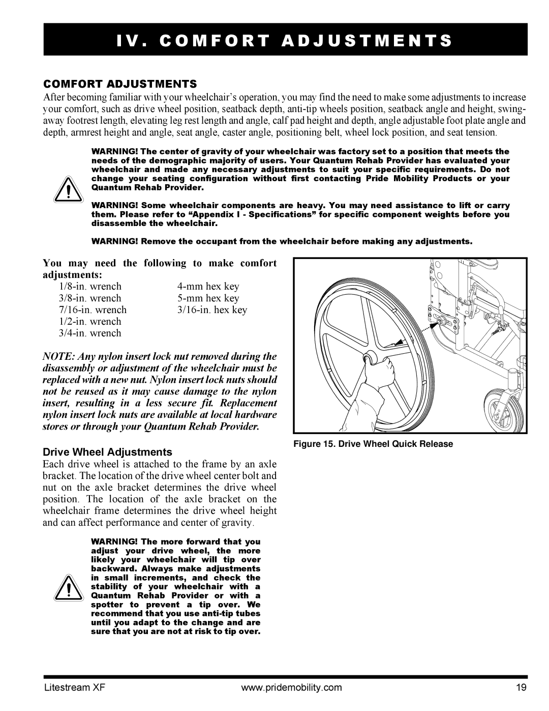 Quantum INFMANU2788 manual C O M F O R T a D J U S T M E N T S, Comfort Adjustments, Drive Wheel Adjustments 