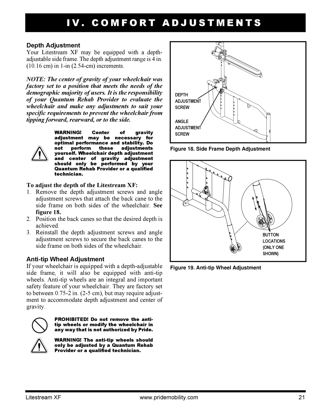 Quantum INFMANU2788 manual Depth Adjustment, To adjust the depth of the Litestream XF, Anti-tip Wheel Adjustment 