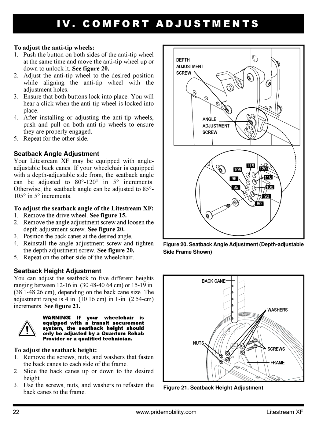 Quantum INFMANU2788 manual Seatback Angle Adjustment, Seatback Height Adjustment 