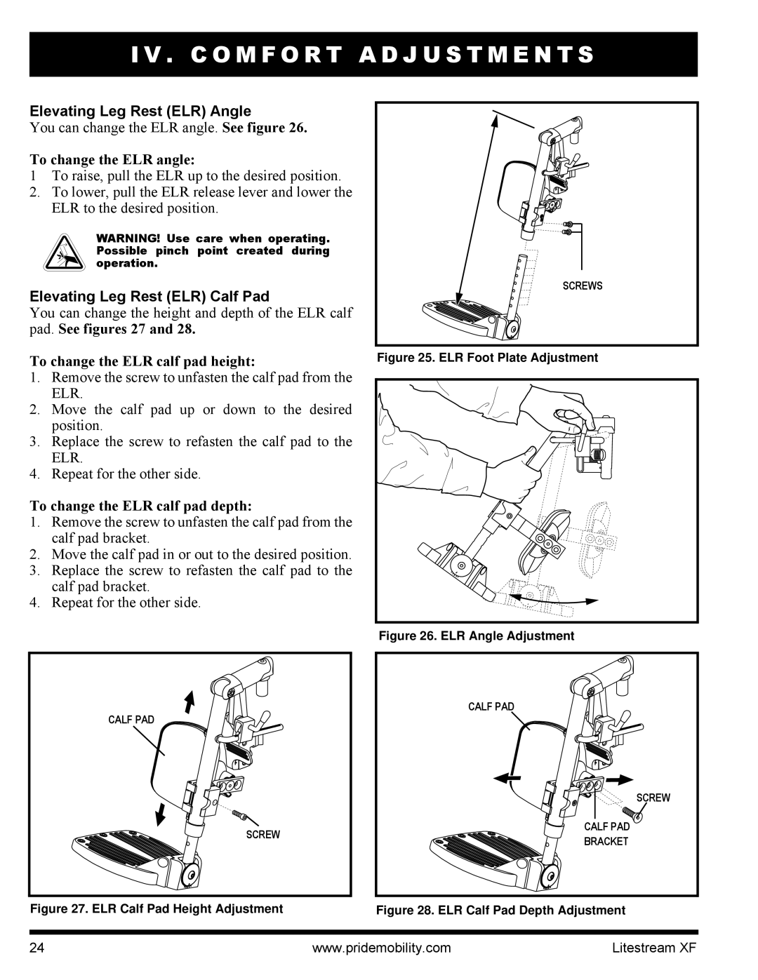 Quantum INFMANU2788 manual Elevating Leg Rest ELR Angle, To change the ELR angle, Elevating Leg Rest ELR Calf Pad 