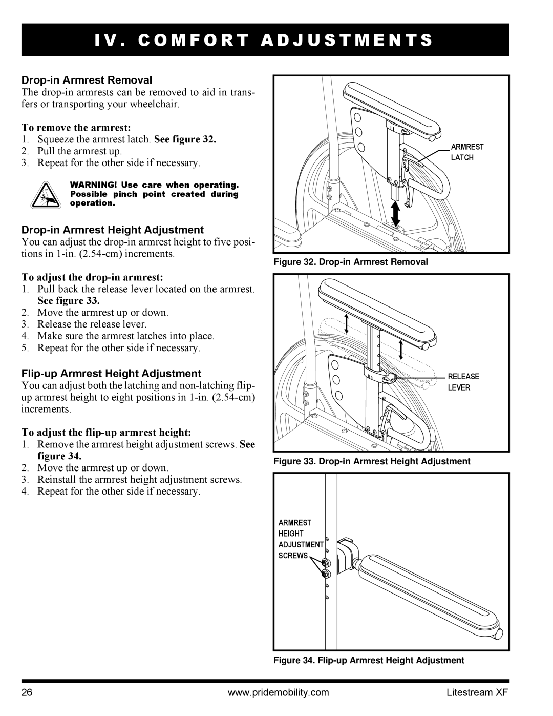 Quantum INFMANU2788 manual Drop-in Armrest Removal, Drop-in Armrest Height Adjustment, Flip-up Armrest Height Adjustment 