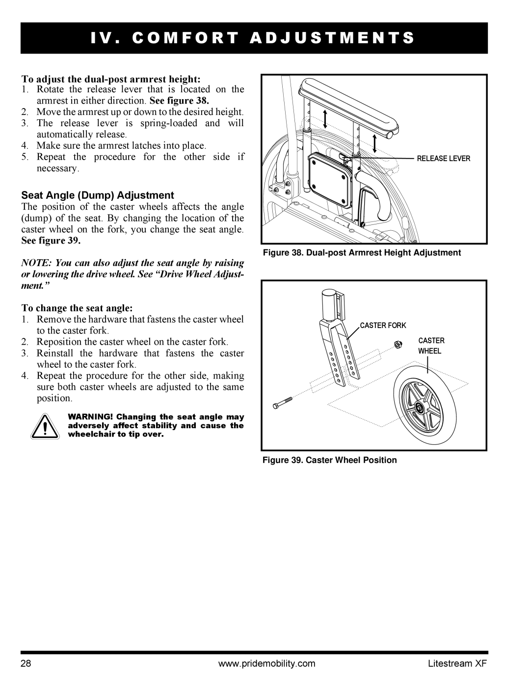 Quantum INFMANU2788 manual To adjust the dual-post armrest height, Seat Angle Dump Adjustment 