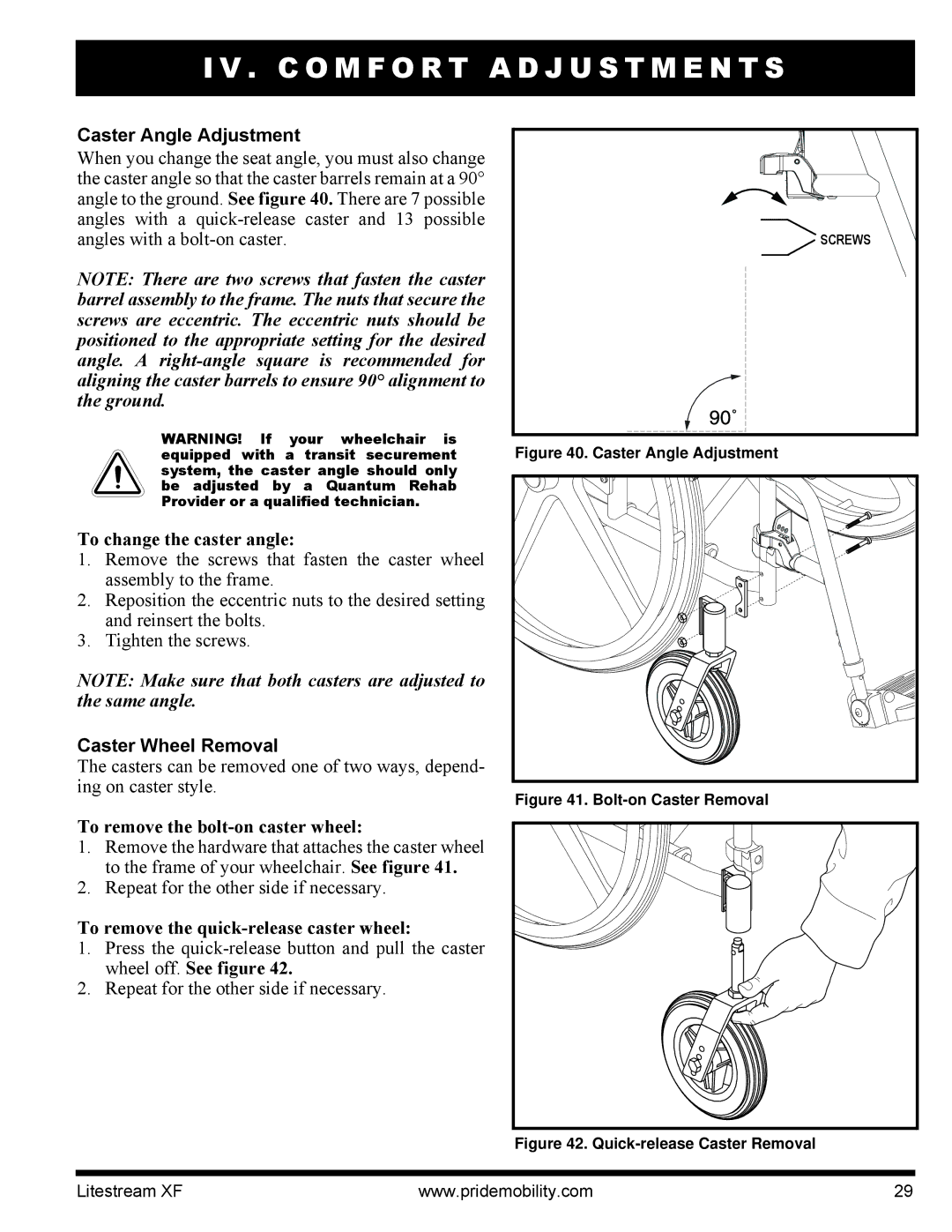 Quantum INFMANU2788 manual Caster Angle Adjustment, To change the caster angle, Caster Wheel Removal 