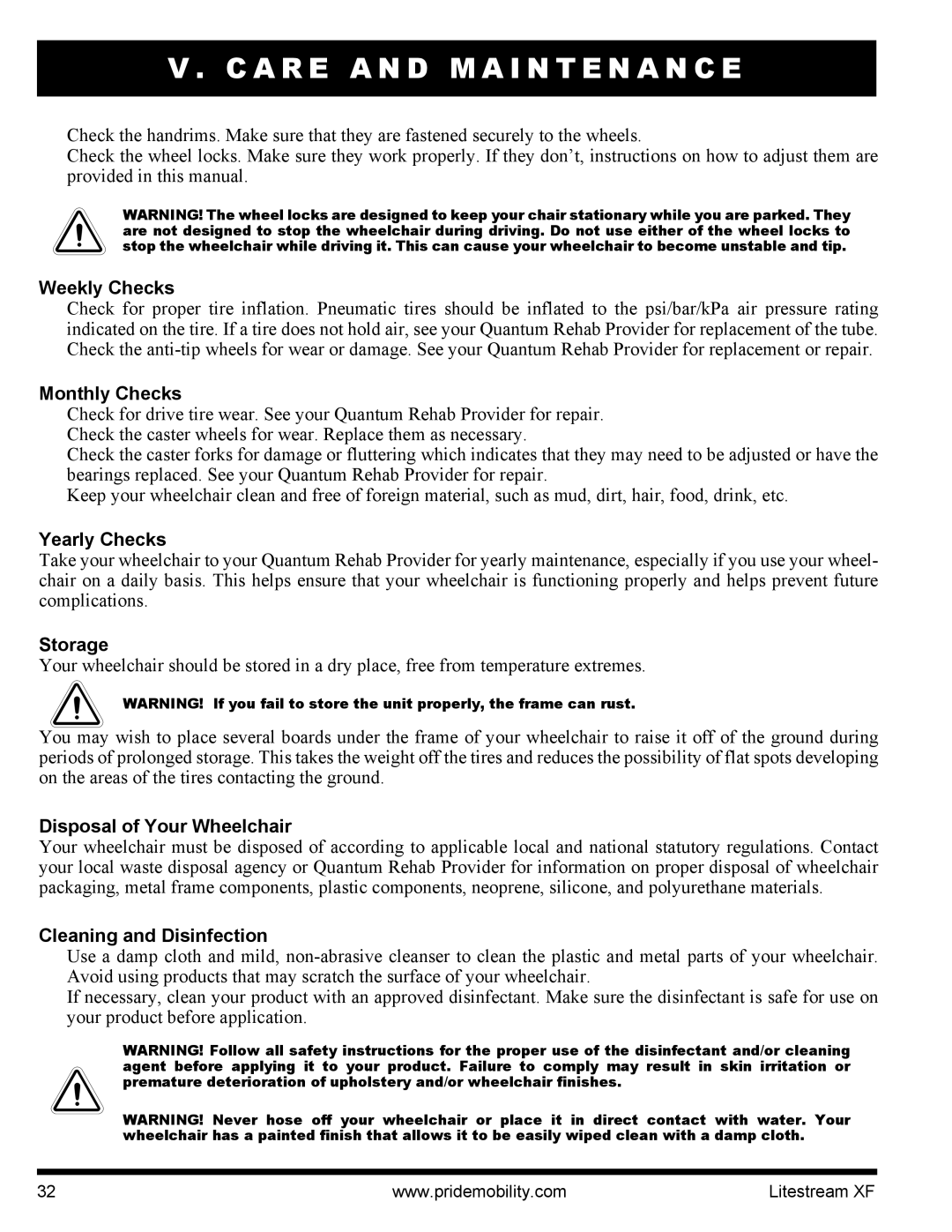 Quantum INFMANU2788 manual Weekly Checks, Monthly Checks, Yearly Checks, Storage, Disposal of Your Wheelchair 