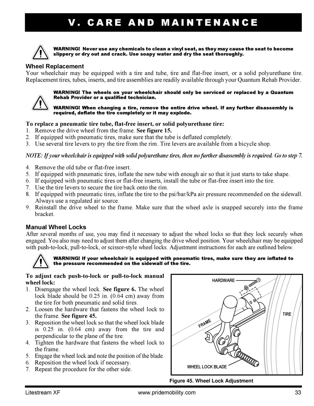 Quantum INFMANU2788 manual Wheel Replacement, Wheel Lock Adjustment 