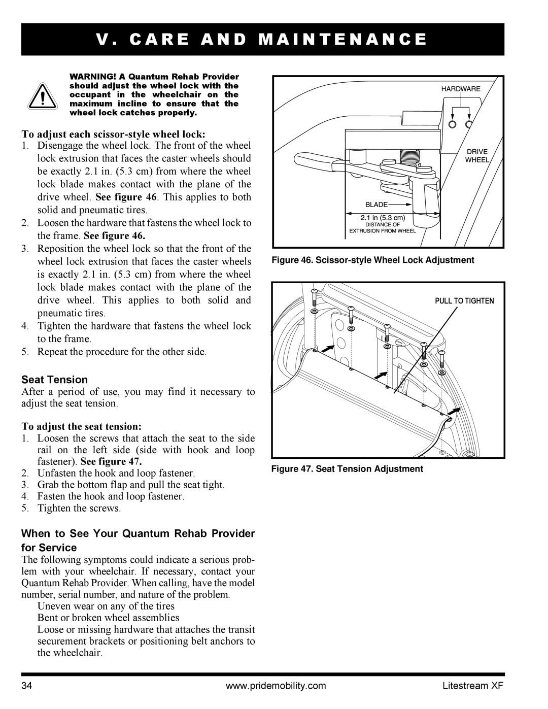 Quantum INFMANU2788 To adjust each scissor-style wheel lock, Frame. See figure, Seat Tension, To adjust the seat tension 