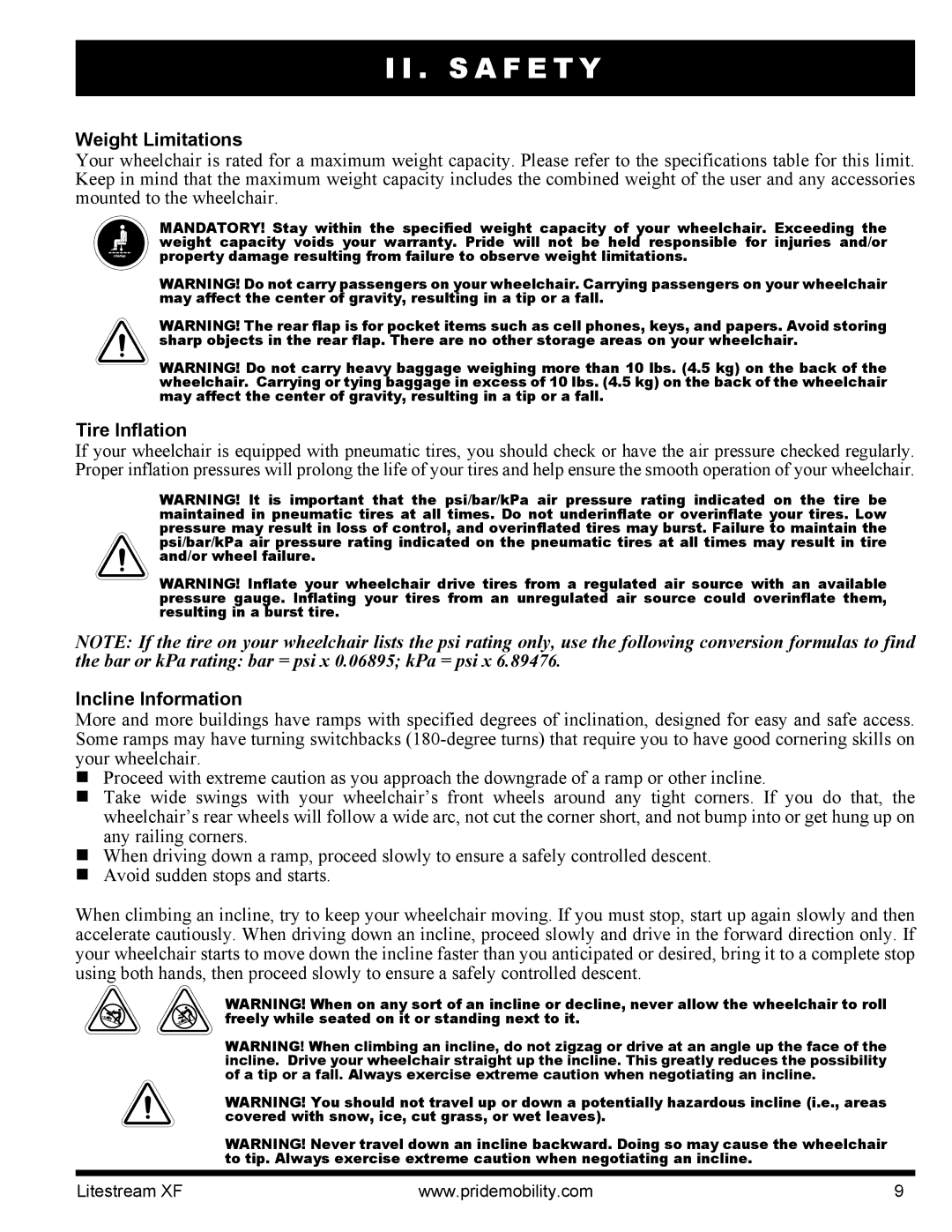 Quantum INFMANU2788 manual Weight Limitations, Tire Inflation, Incline Information 