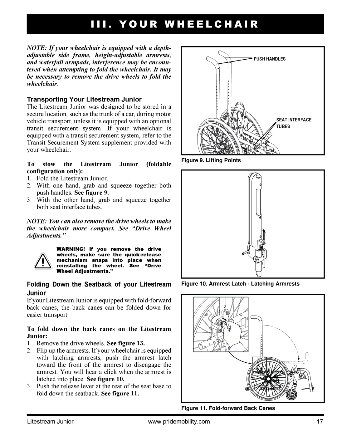 Quantum INFMANU4169 manual Transporting Your Litestream Junior, Folding Down the Seatback of your Litestream Junior 