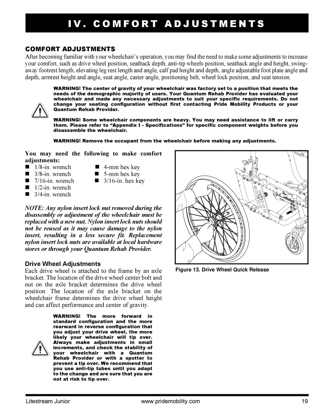 Quantum INFMANU4169 manual C O M F O R T a D J U S T M E N T S, Comfort Adjustments, Drive Wheel Adjustments 