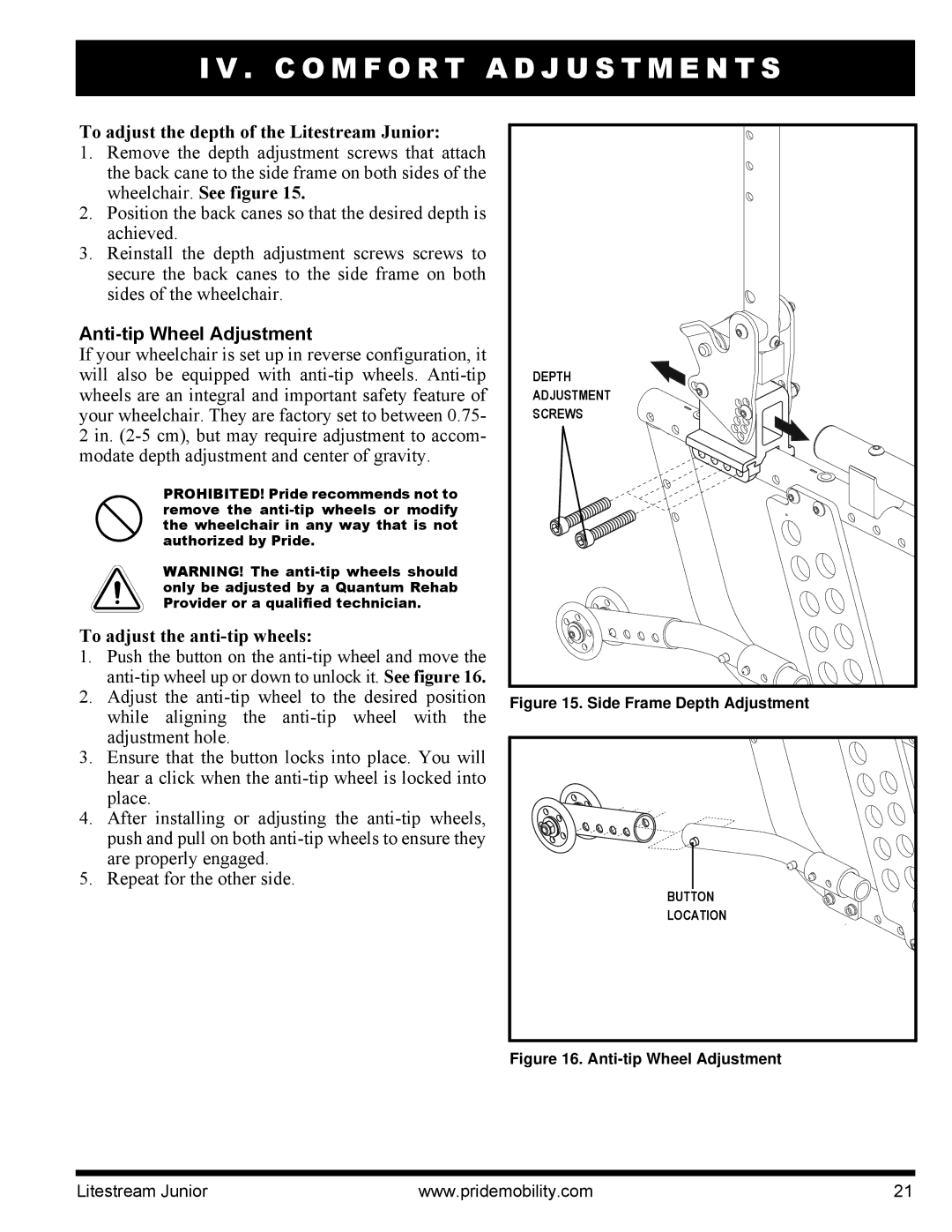 Quantum INFMANU4169 To adjust the depth of the Litestream Junior, Anti-tip Wheel Adjustment, To adjust the anti-tip wheels 