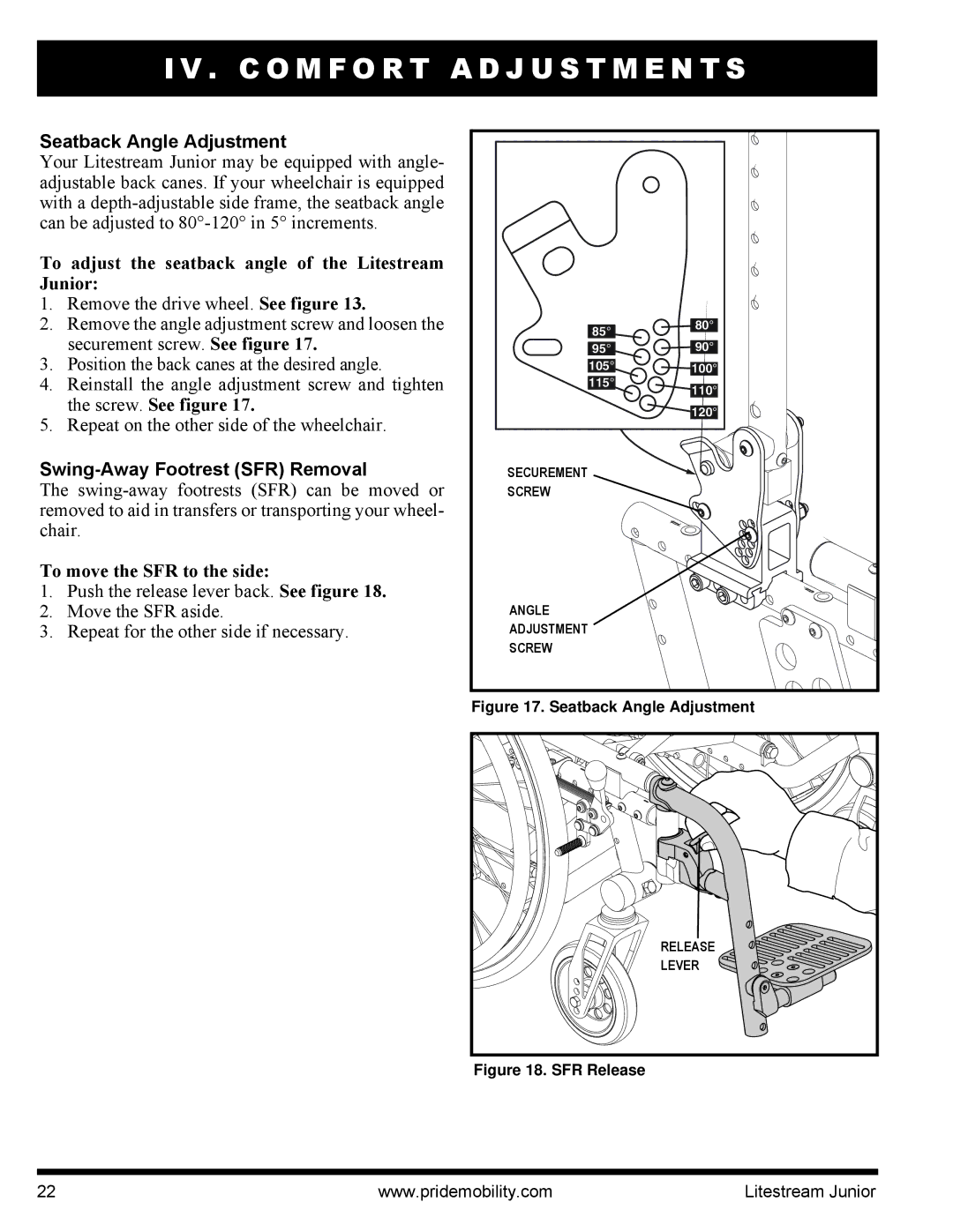 Quantum INFMANU4169 Seatback Angle Adjustment, To adjust the seatback angle of the Litestream Junior, Screw. See figure 