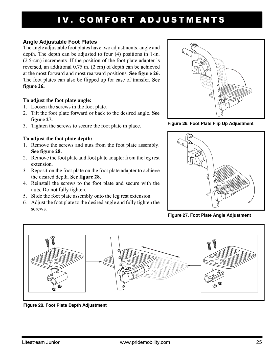 Quantum INFMANU4169 manual Angle Adjustable Foot Plates, To adjust the foot plate angle, To adjust the foot plate depth 