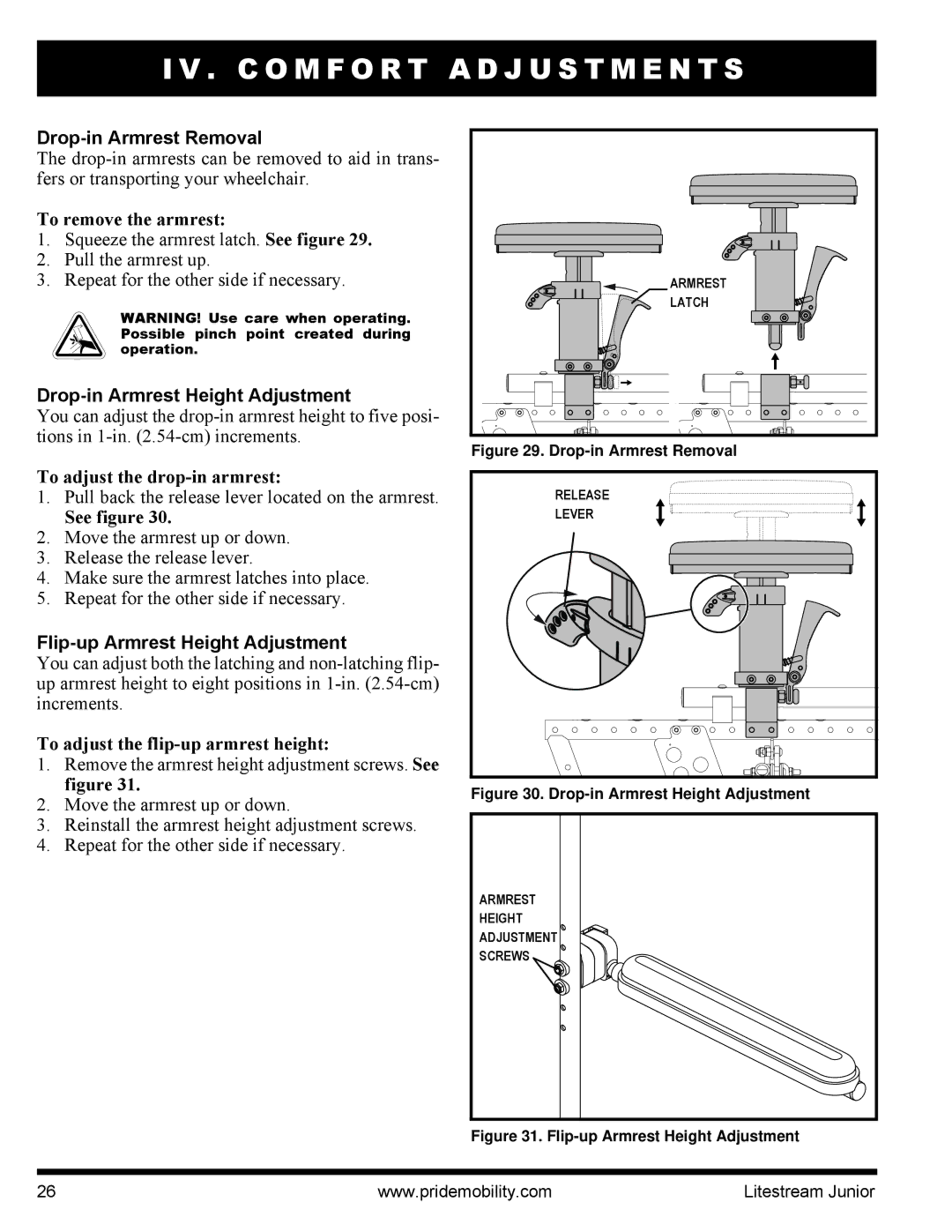 Quantum INFMANU4169 manual Drop-in Armrest Removal, Drop-in Armrest Height Adjustment, Flip-up Armrest Height Adjustment 