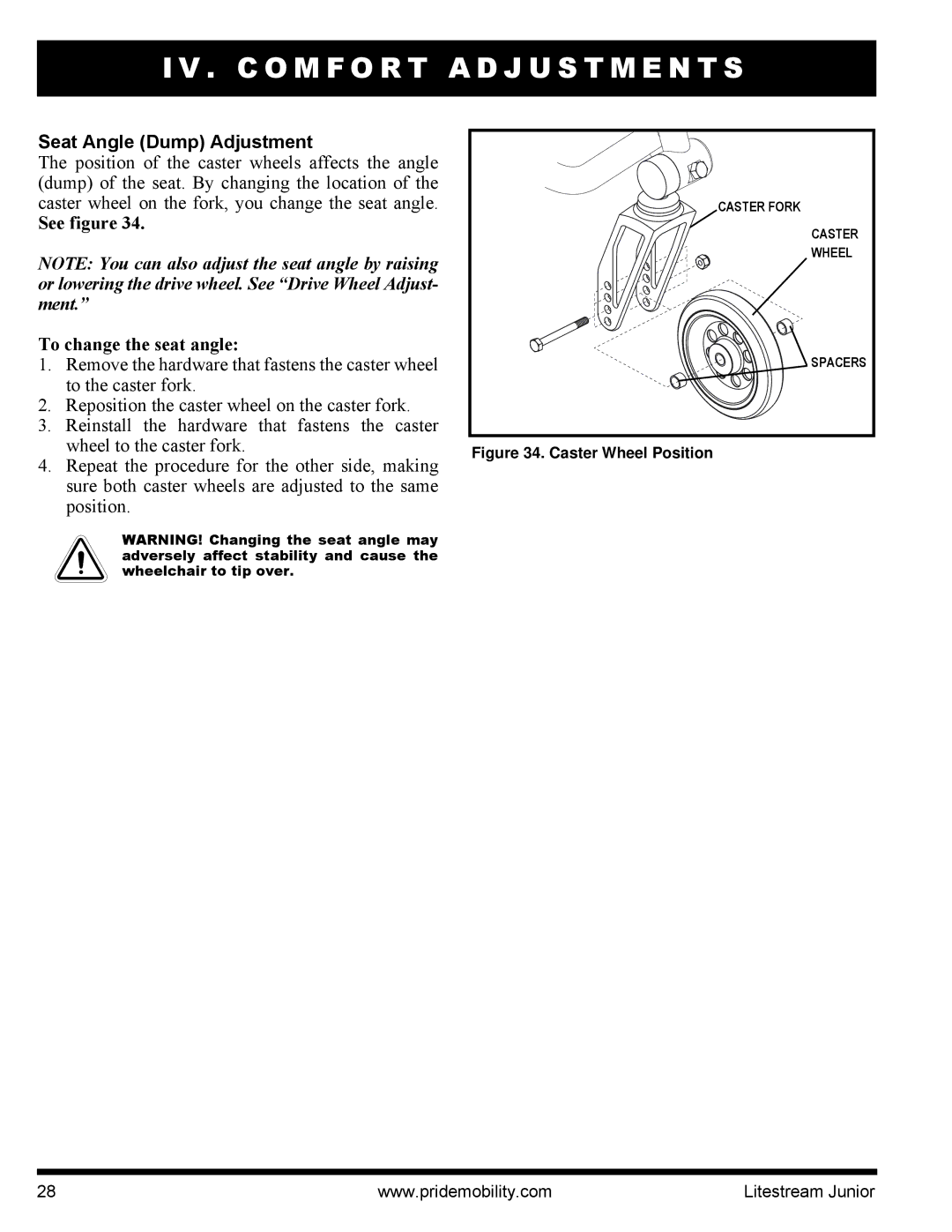 Quantum INFMANU4169 manual Seat Angle Dump Adjustment, See figure To change the seat angle 