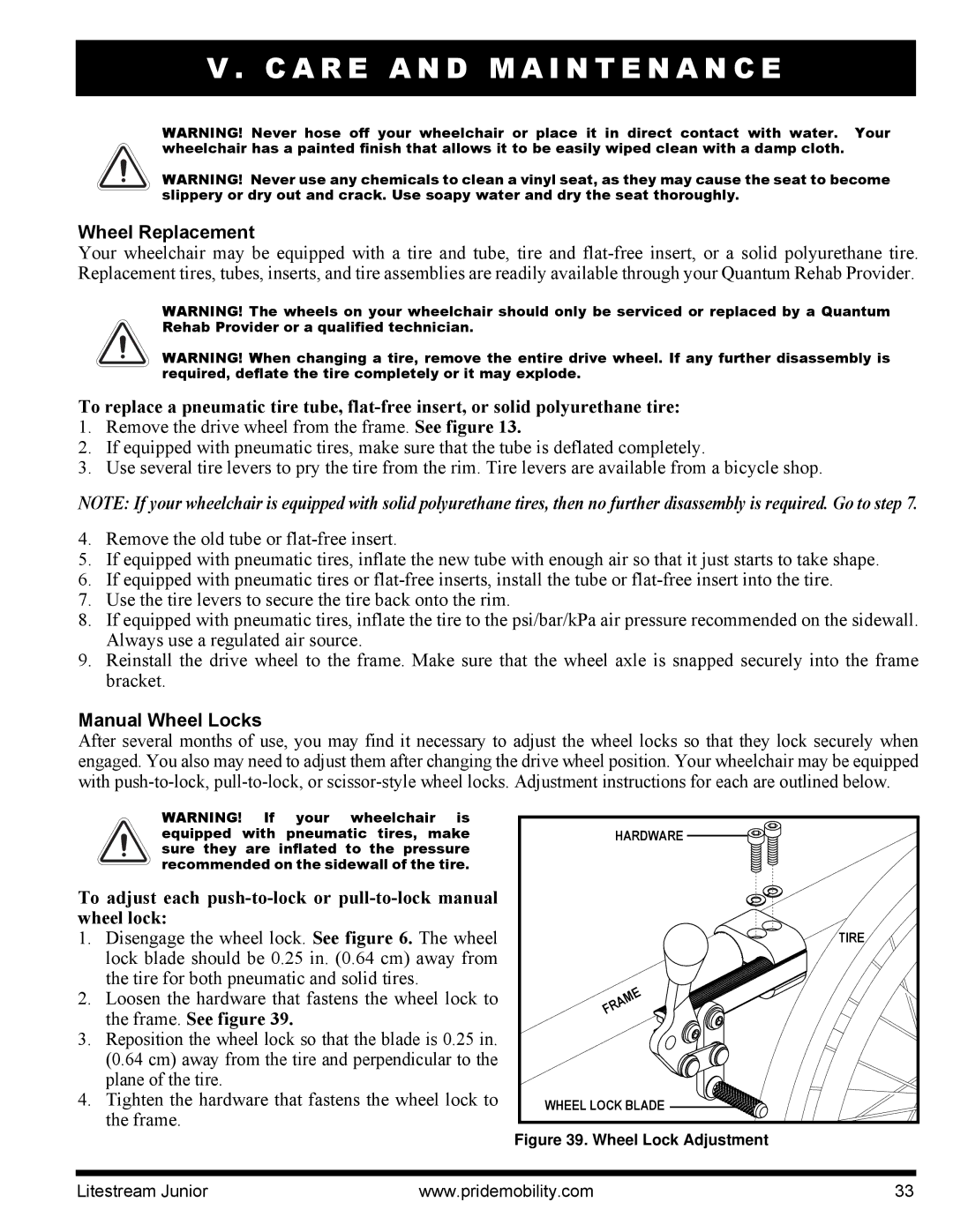 Quantum INFMANU4169 manual Wheel Replacement, Wheel Lock Adjustment 