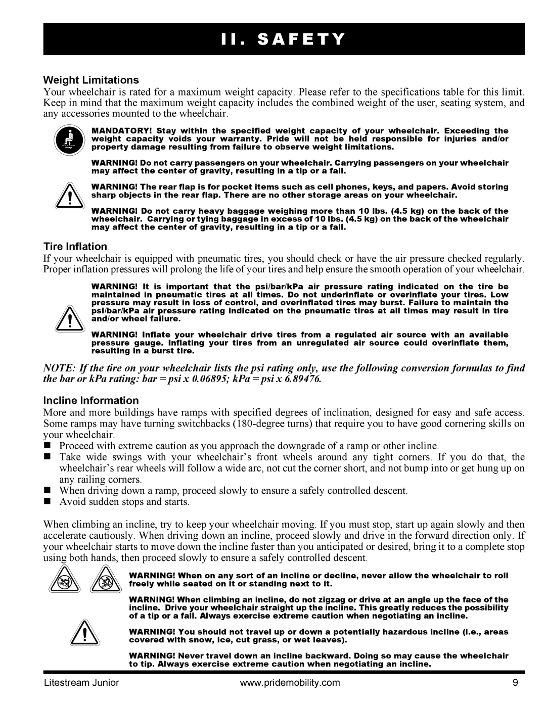 Quantum INFMANU4169 manual Weight Limitations, Tire Inflation, Incline Information 