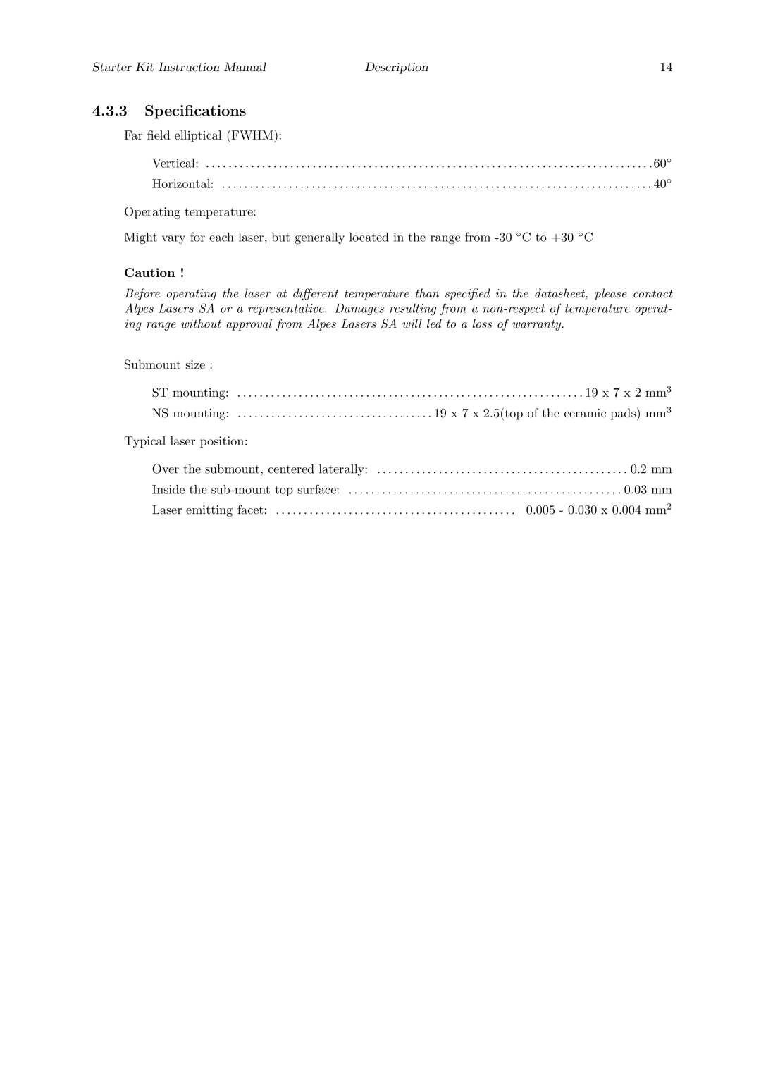 Quantum Instruments Cascade Laser Starter Kit manual Speciﬁcations 