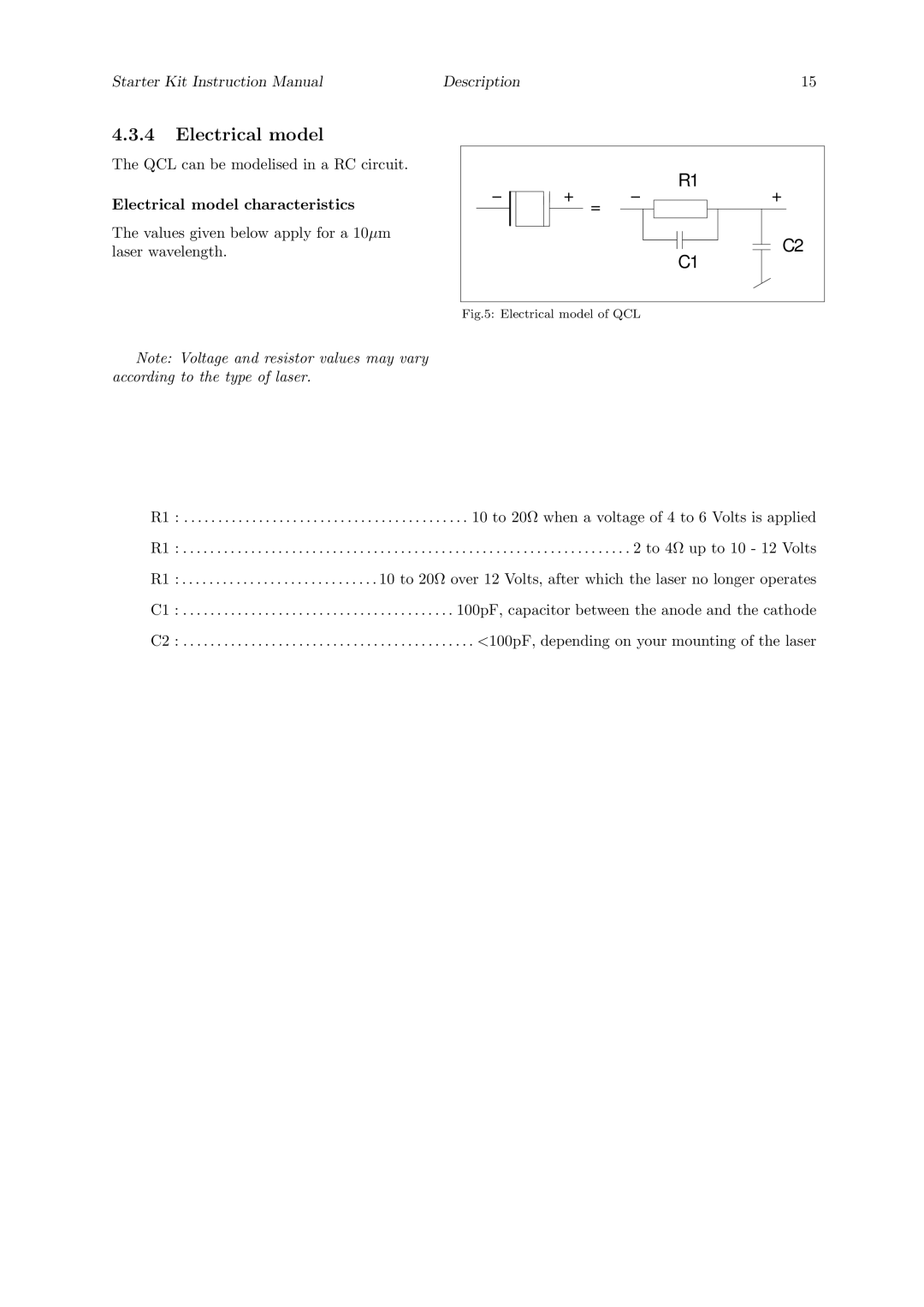 Quantum Instruments Cascade Laser Starter Kit manual Electrical model characteristics 