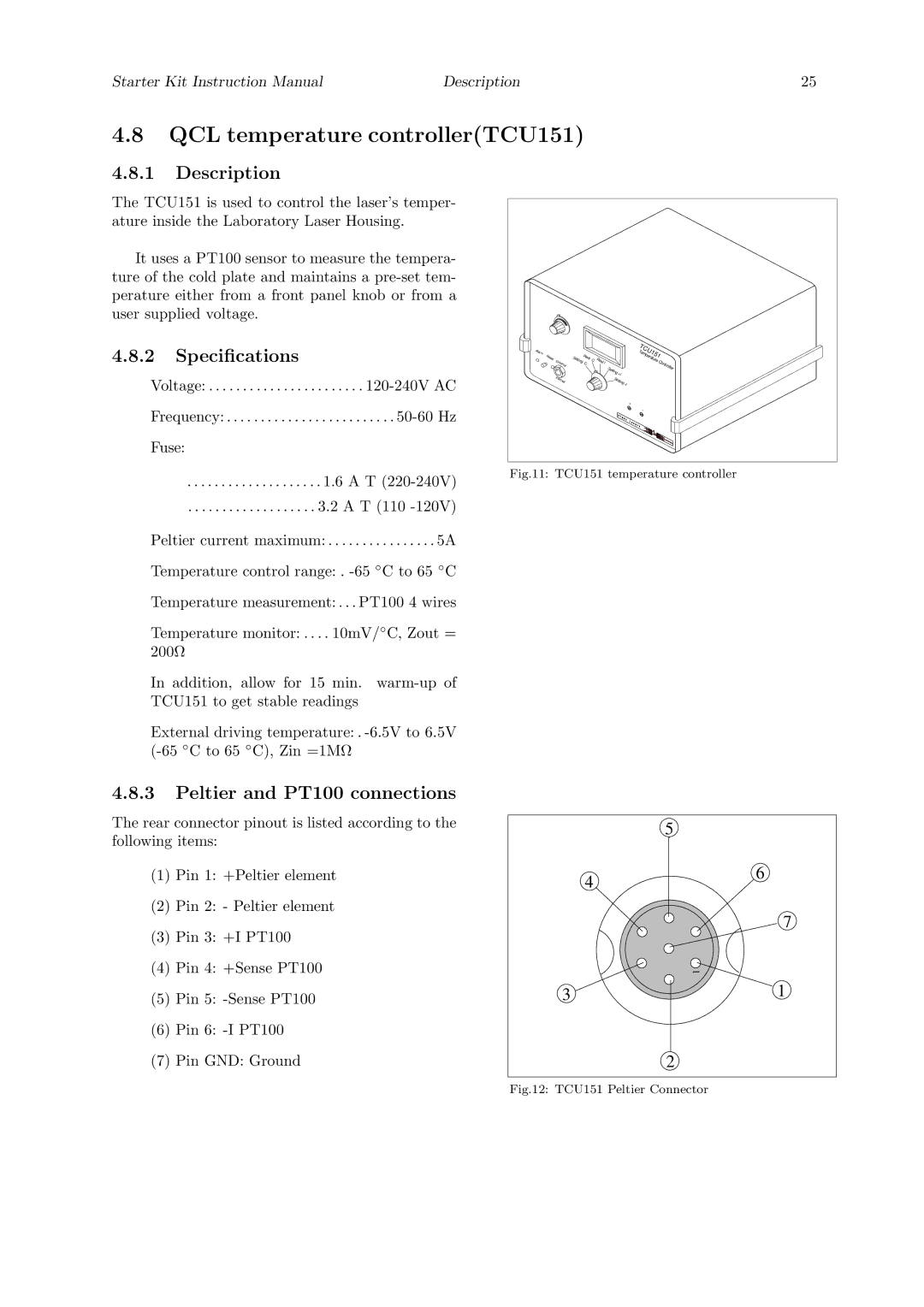 Quantum Instruments Cascade Laser Starter Kit manual QCL temperature controllerTCU151, Peltier and PT100 connections 