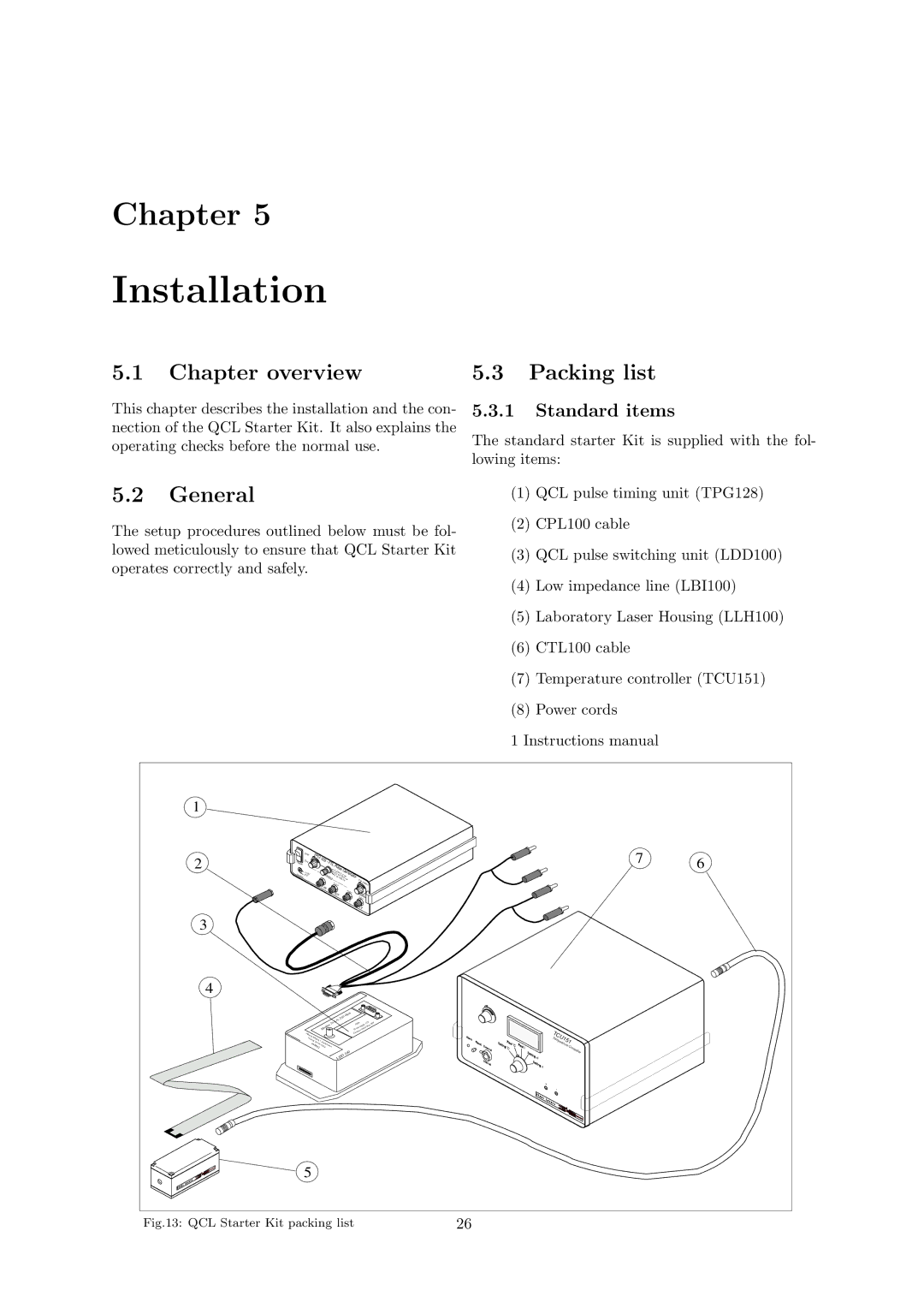 Quantum Instruments Cascade Laser Starter Kit manual Installation, Chapter overview Packing list, General, Standard items 