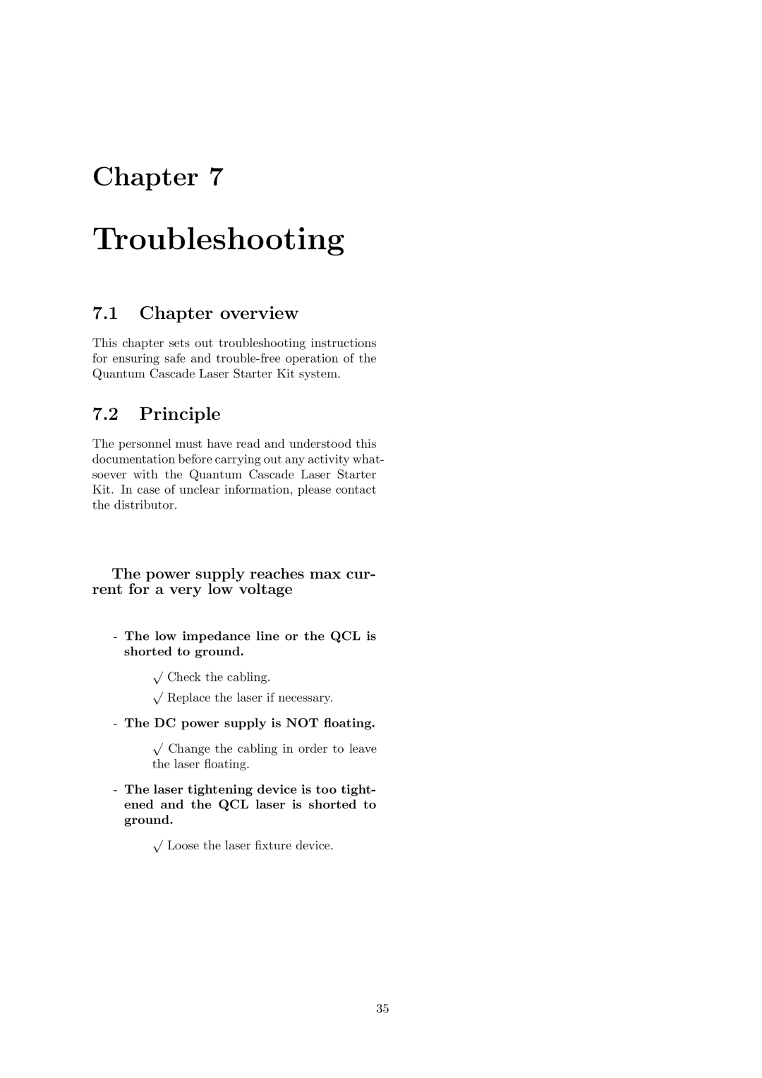 Quantum Instruments Cascade Laser Starter Kit manual Troubleshooting, Principle, DC power supply is not ﬂoating 